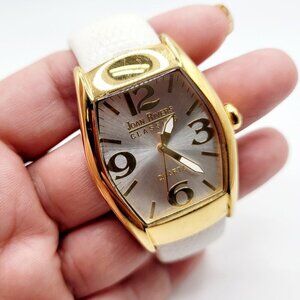 Joan Rivers Quartz Cuff Watch White Genuine Leather Band Gold Tone
